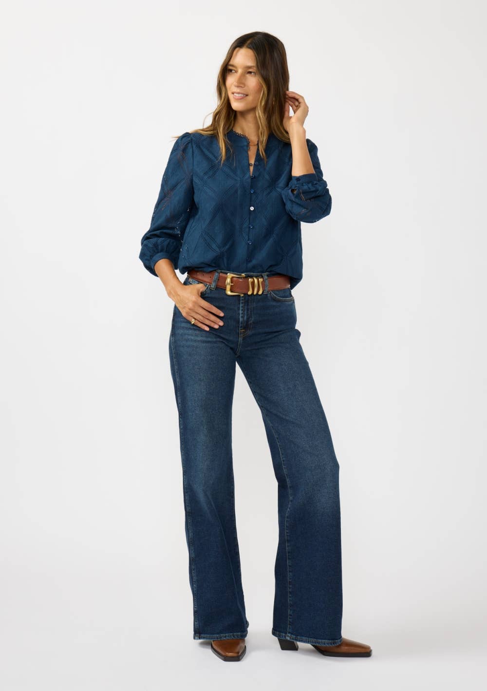 Lace Button Front Blouse with Trim