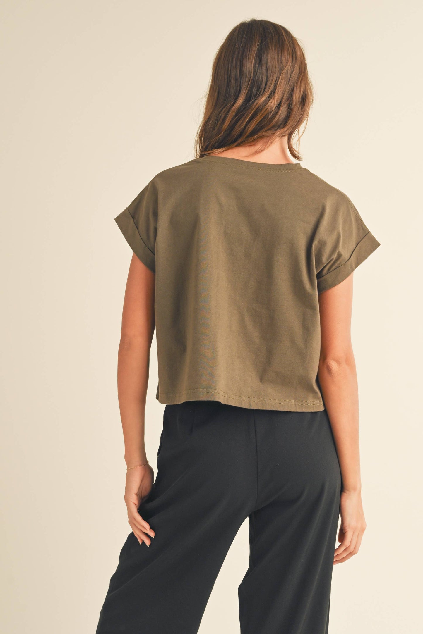 Round Neck Cuffed Sleeve Top