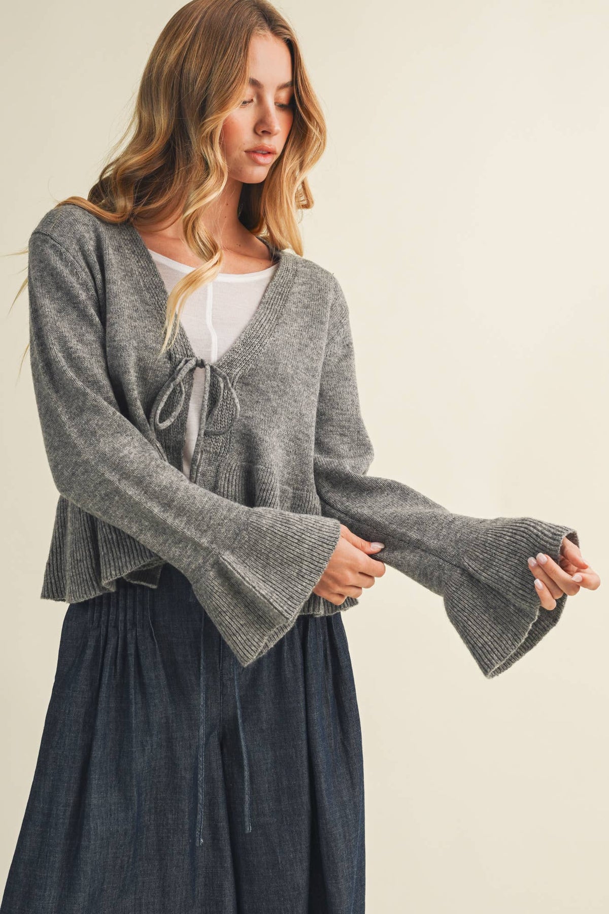 Tie-Front Peplum Bell Sleeve TOP