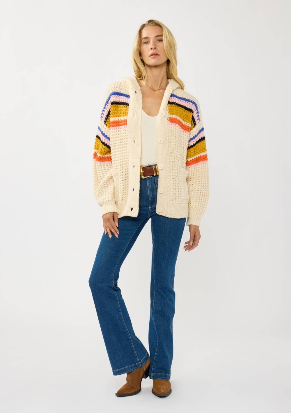 Stripe Waffle Knit Hooded Cardigan