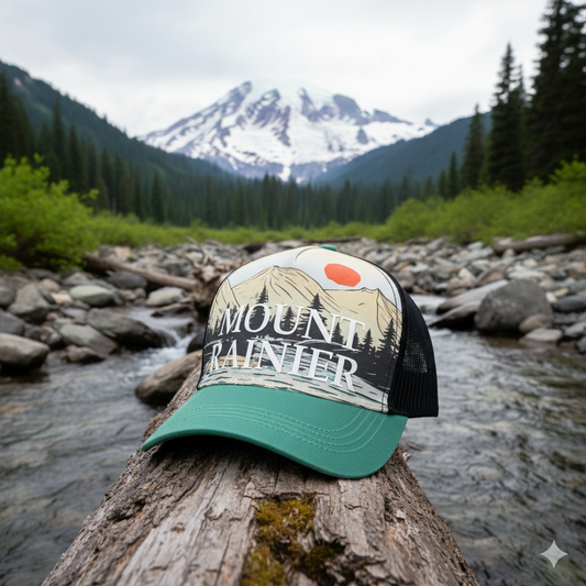 Mount Rainier Scenic Baseball Cap with Mountain Sunset Forest Trucker Hat