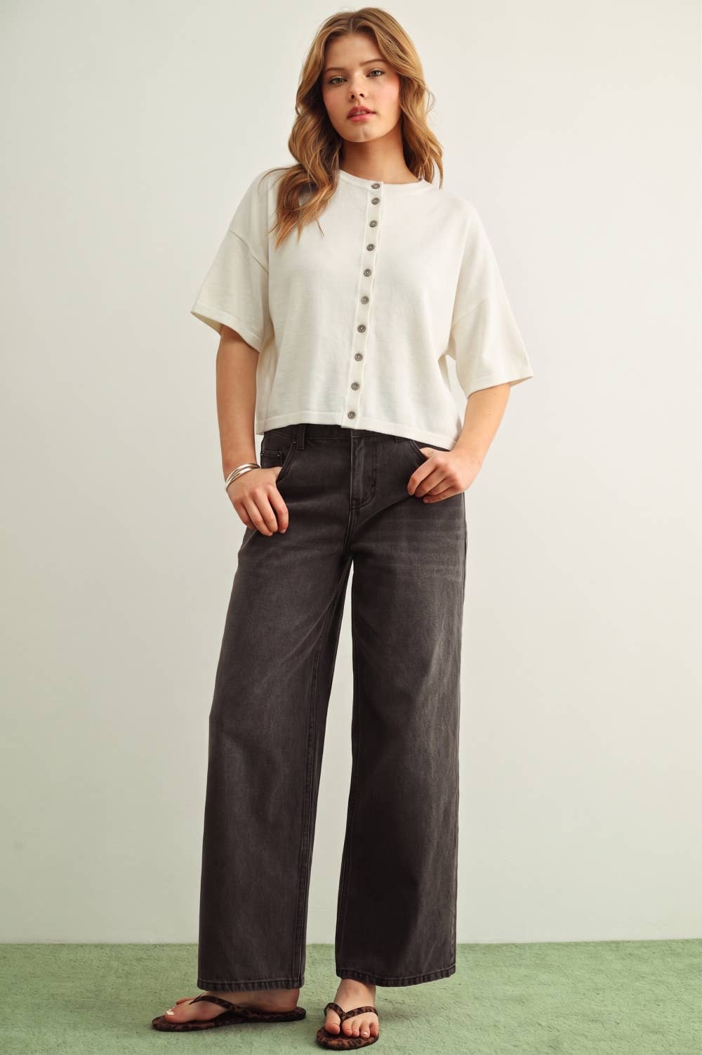 Button Down Round Neck Half Sleeve Top