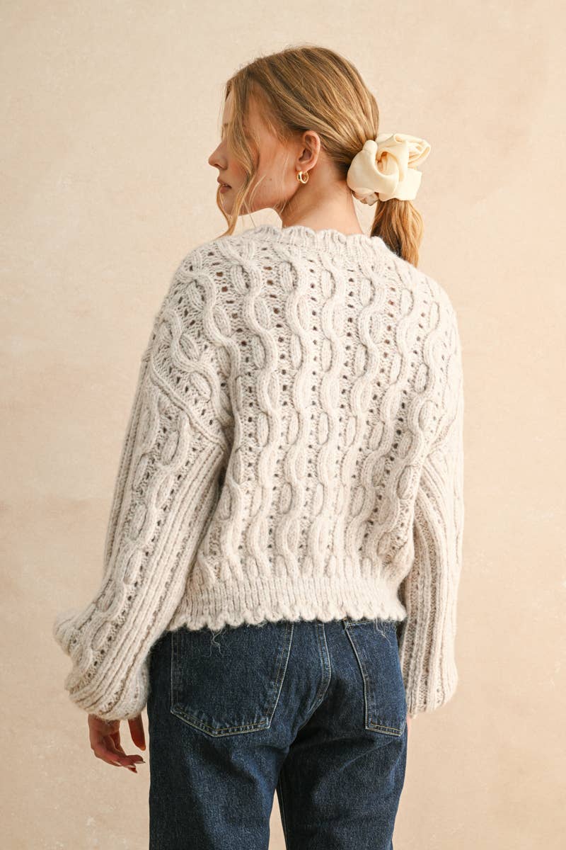 SCALOPE EDGE CABLE KNIT CARDIGAN