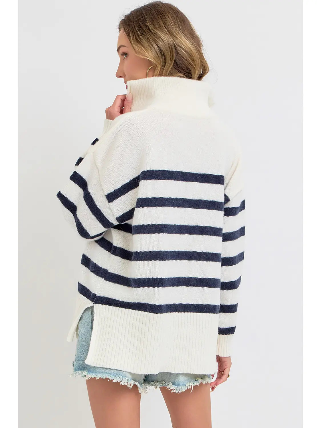 Striped Zip-Front Oversized Pullover Knit Sweater