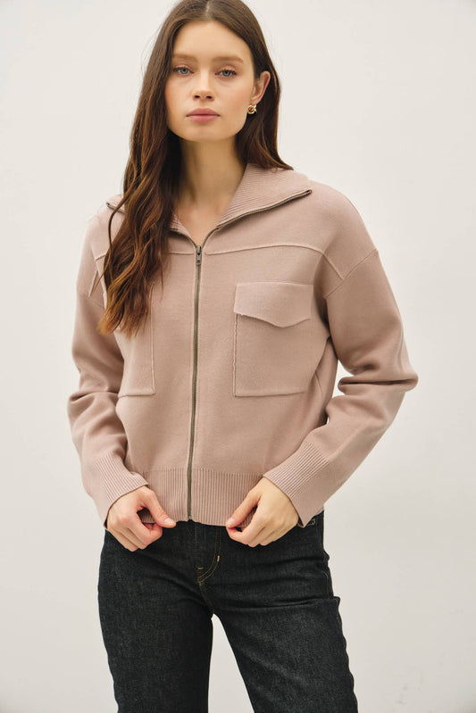 Zipup Sweater Jacket with Floppy Ribbed Collar