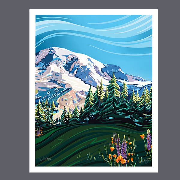 Mount Rainier & Wildflowers Art Print - National Park: 8x10