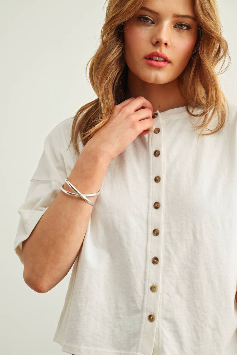Button Down Round Neck Half Sleeve Top