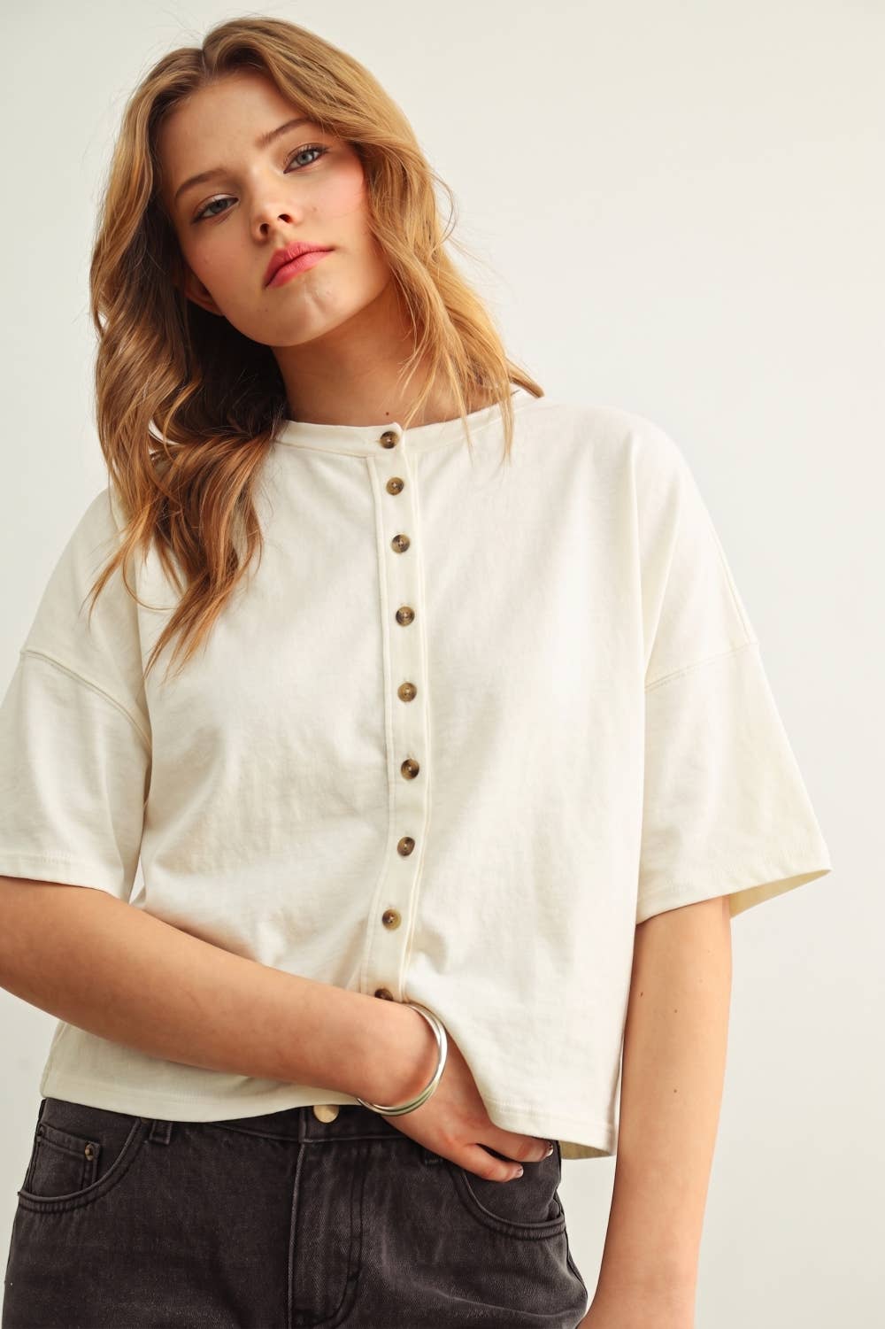 Button Down Round Neck Half Sleeve Top