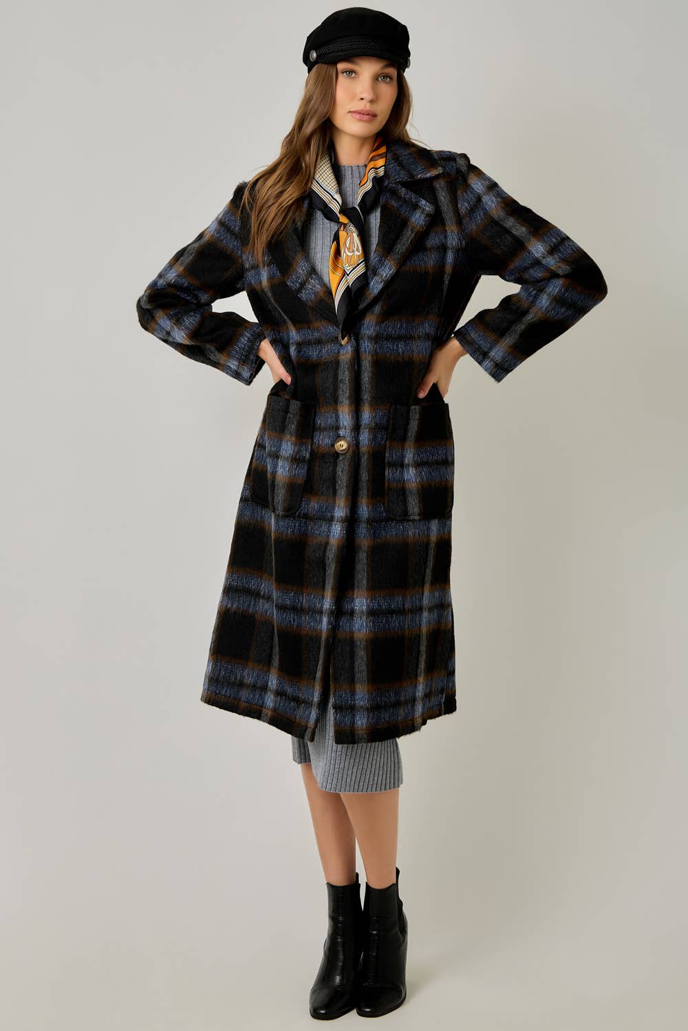 Brushed Plaid Long Coat