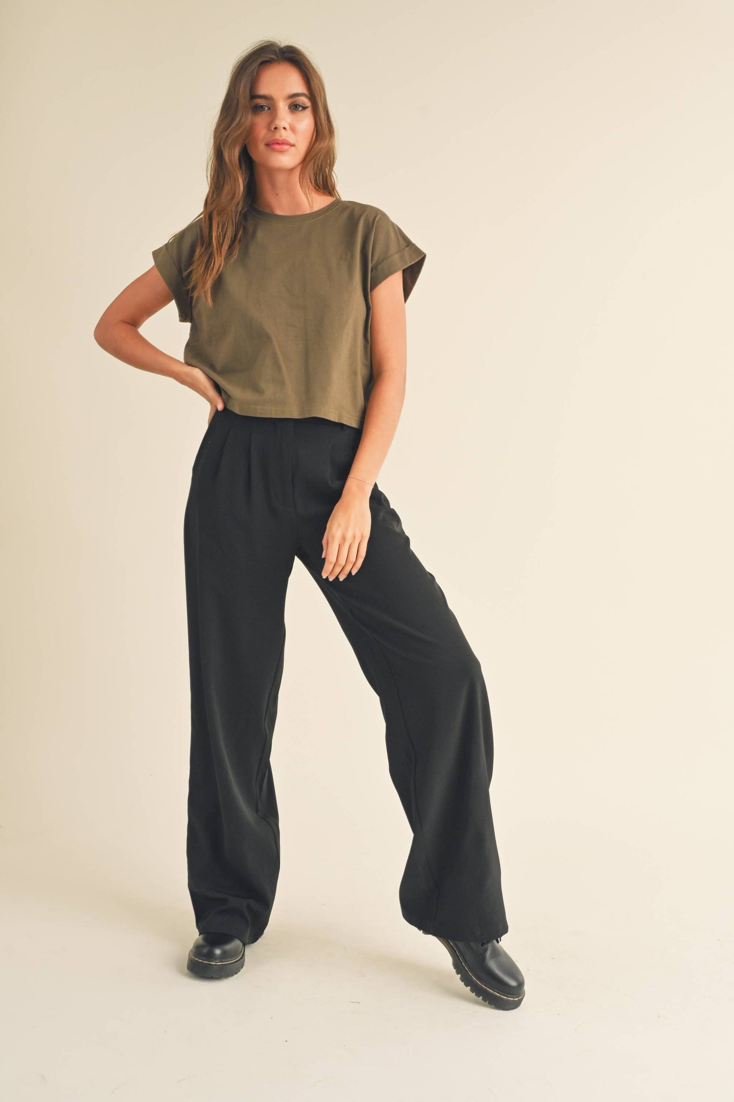 Round Neck Cuffed Sleeve Top