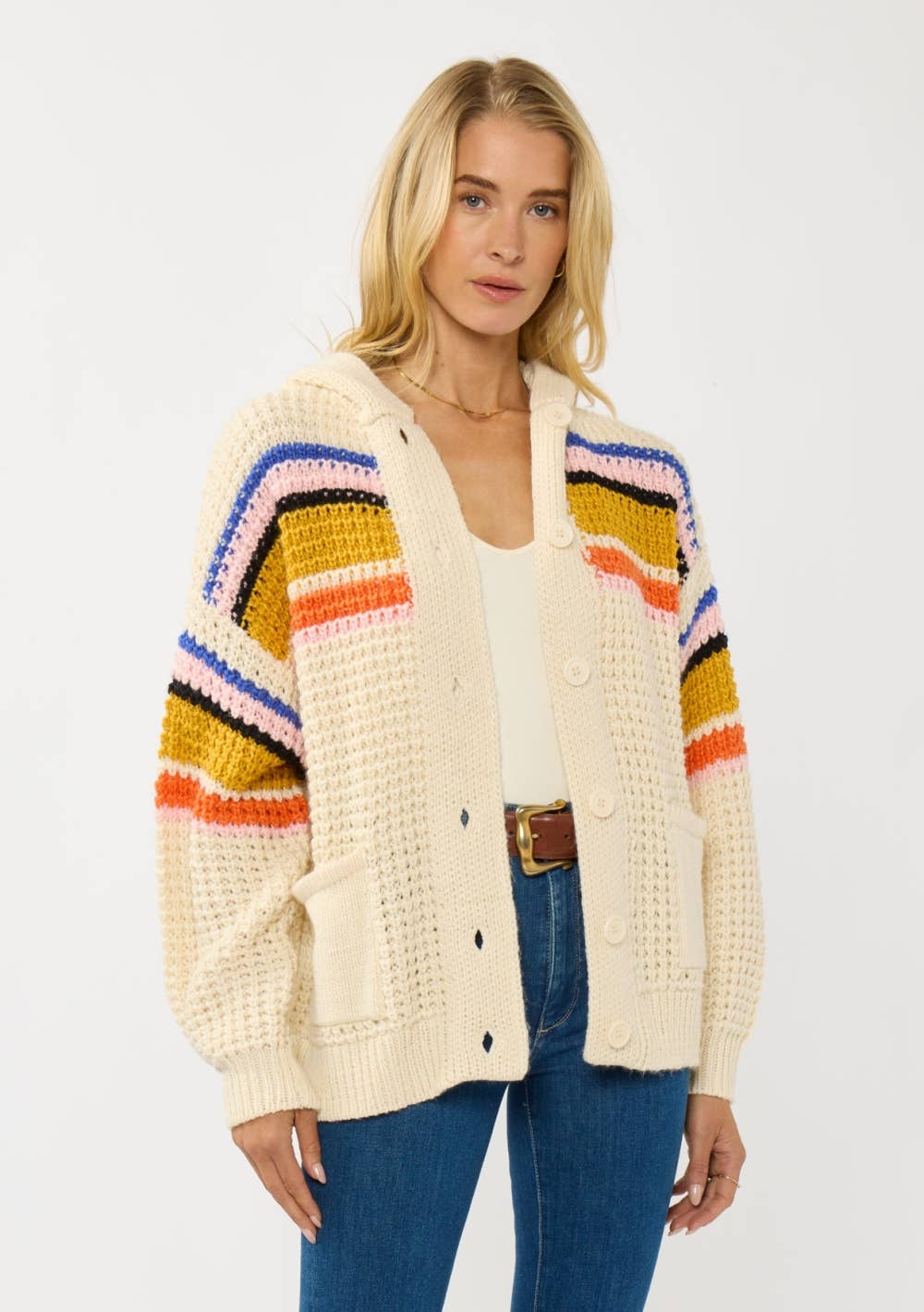 Stripe Waffle Knit Hooded Cardigan