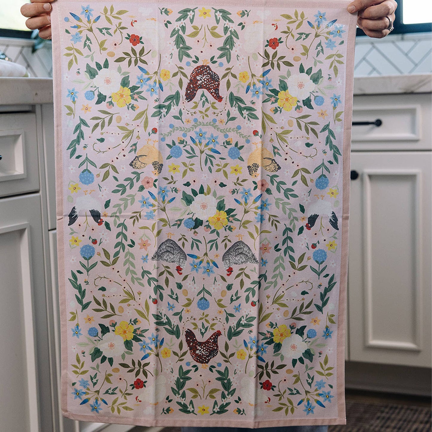Chickens & Flowers Tea Towel