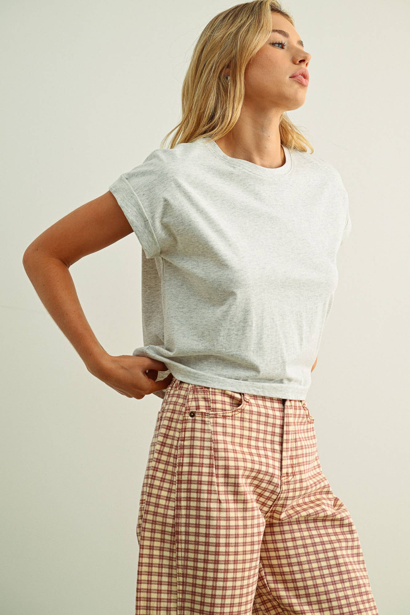 Round Neck Cuffed Sleeve Top