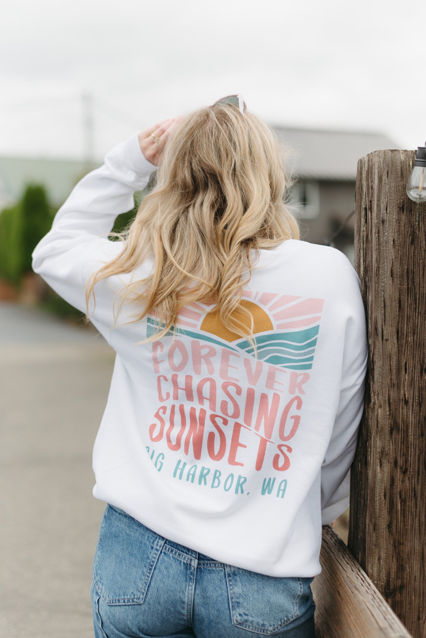 FOREVER CHASING SUNSETS CREWNECK SWEATSHIRT | GIG HARBOR
