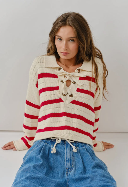 Lace Up Relaxed Fit Stripe Sweater