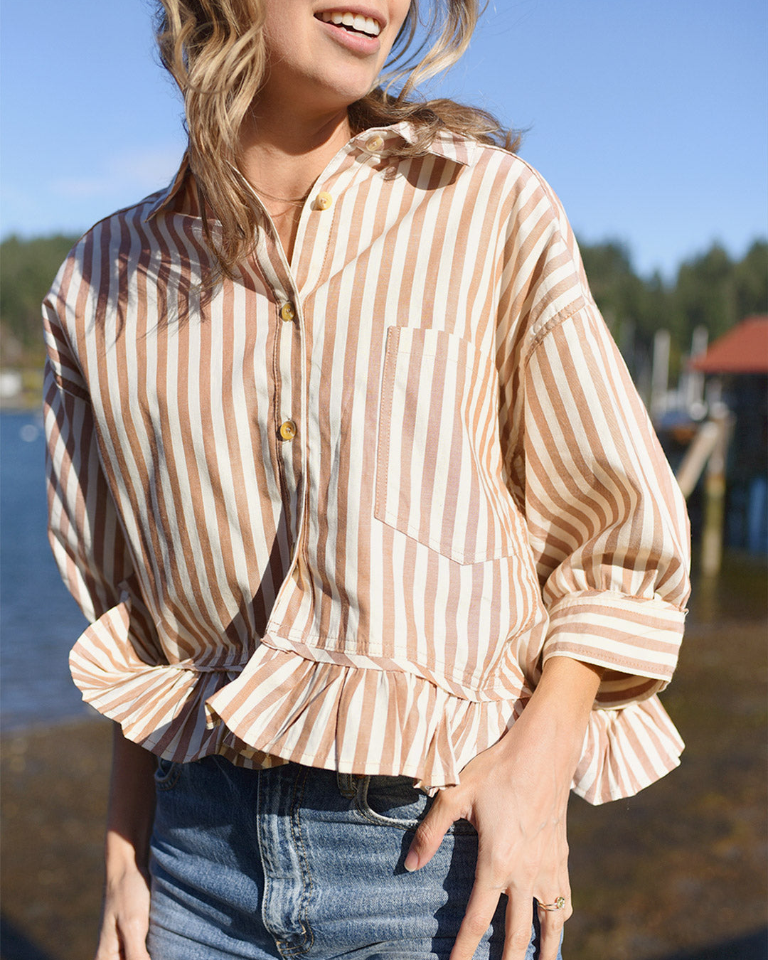 Striped Ruffle Hem Button-Up