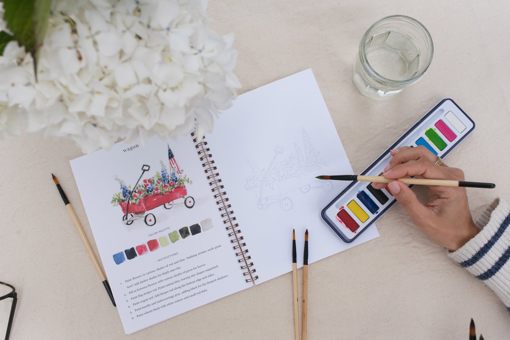 watercolor painting workbook emily lex studio artist gig harbor americana fourth of july 4th wagon flag red white blue