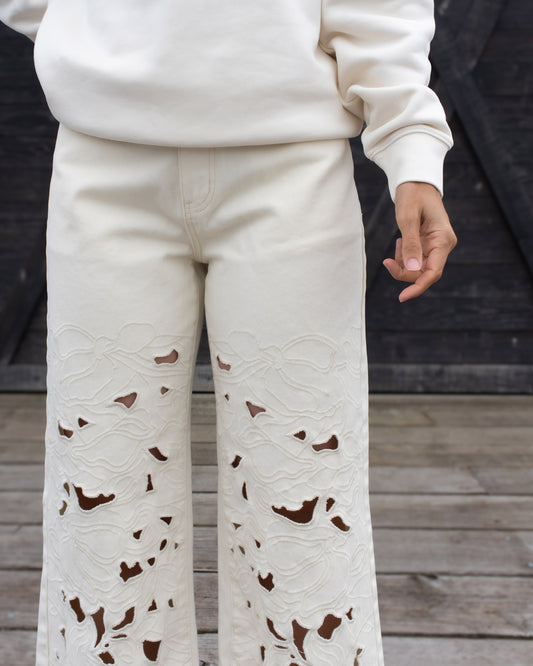 ecru cream floral cut out emboidered jeans denim pants detail bone summer