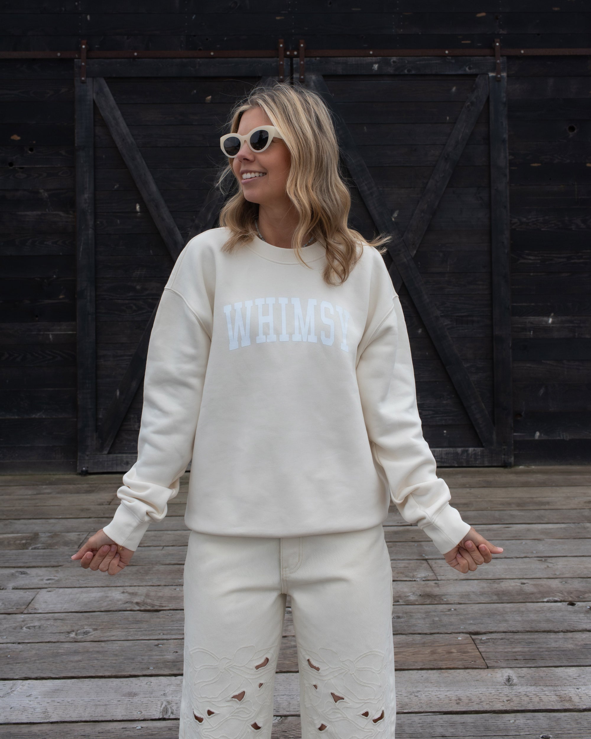 whimsy sweatshirt crewneck ecru cream white cotton blend screenprinted graphic varsity college collegiate
