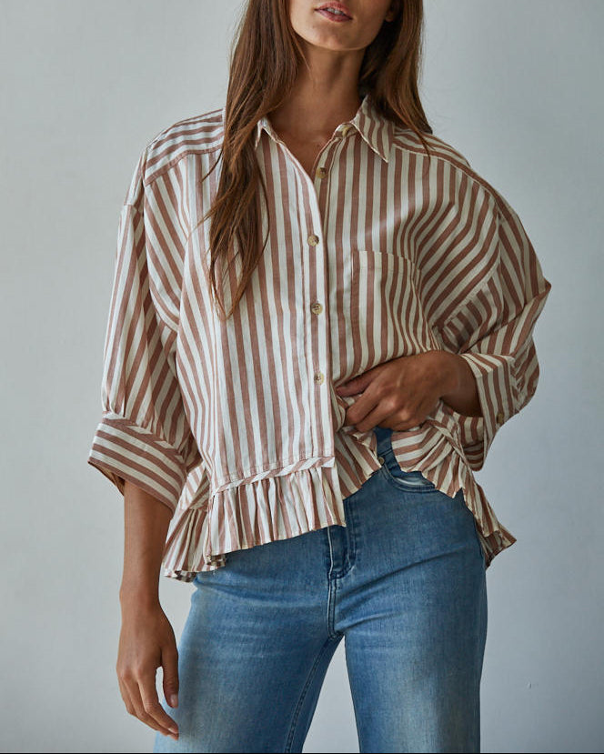 Striped Ruffle Hem Button-Up