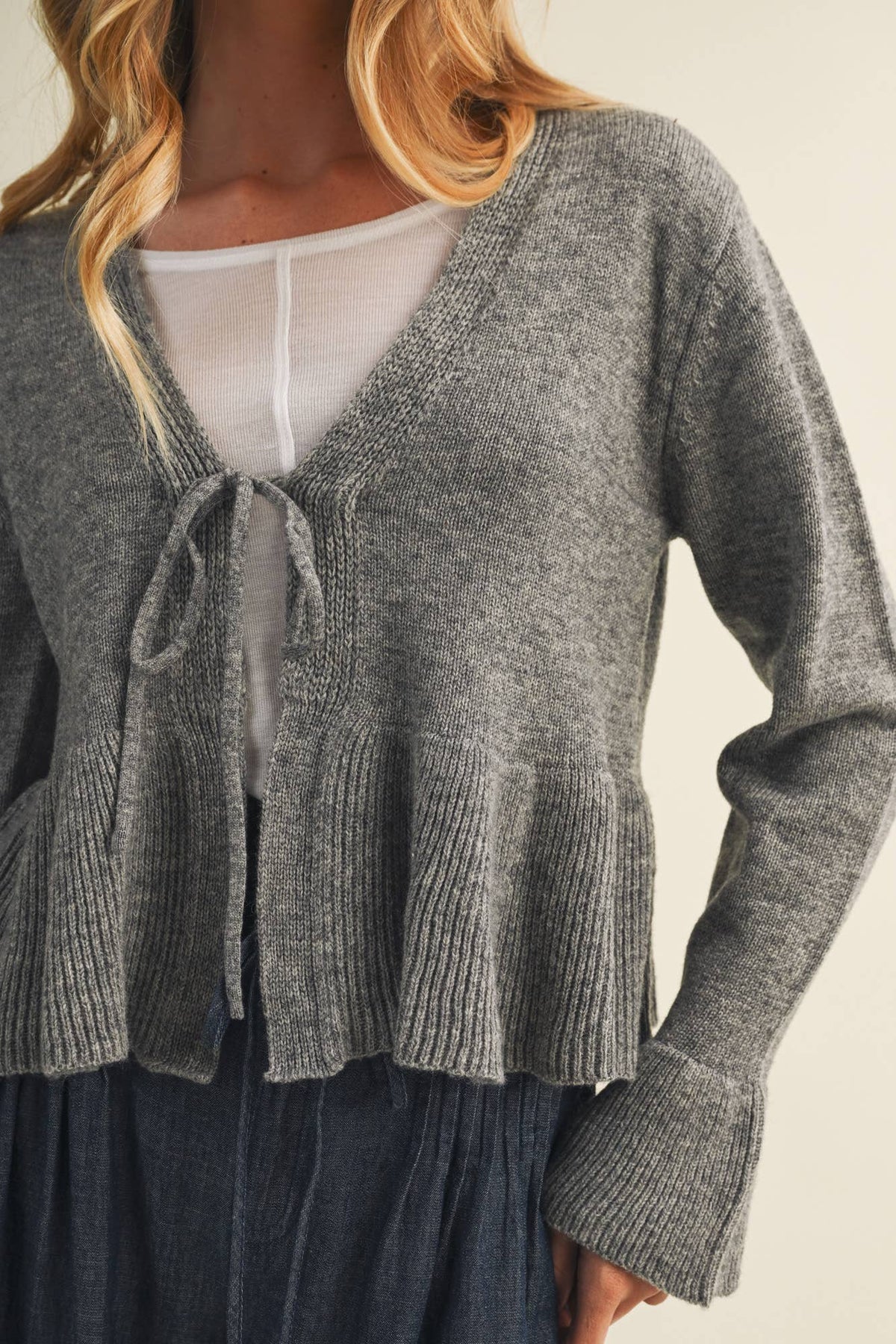 Tie-Front Peplum Bell Sleeve TOP