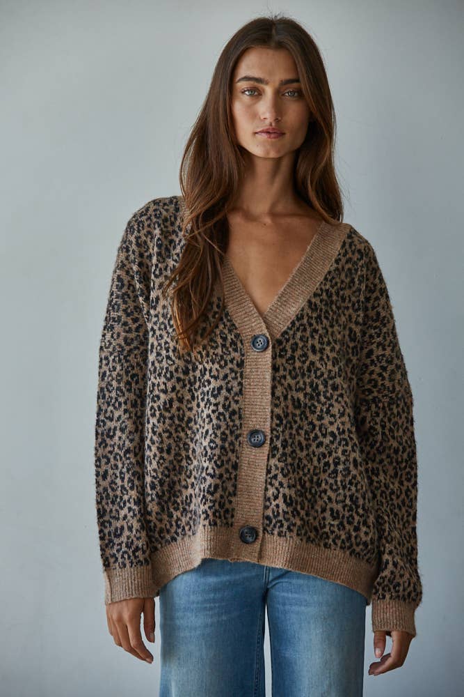 Knit Sweater V-Neck Animal Print Cardigan