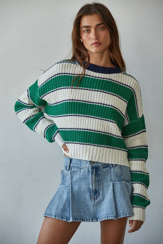 Knit Sweater Cotton Acrylic Striped Crew Pullover