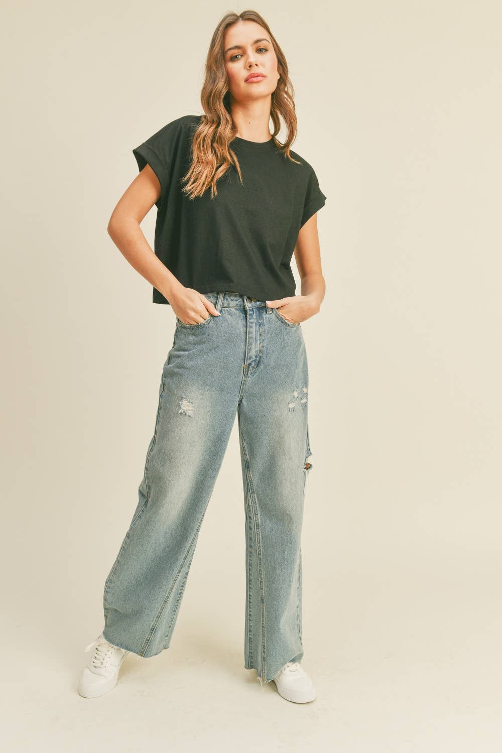 Round Neck Cuffed Sleeve Top