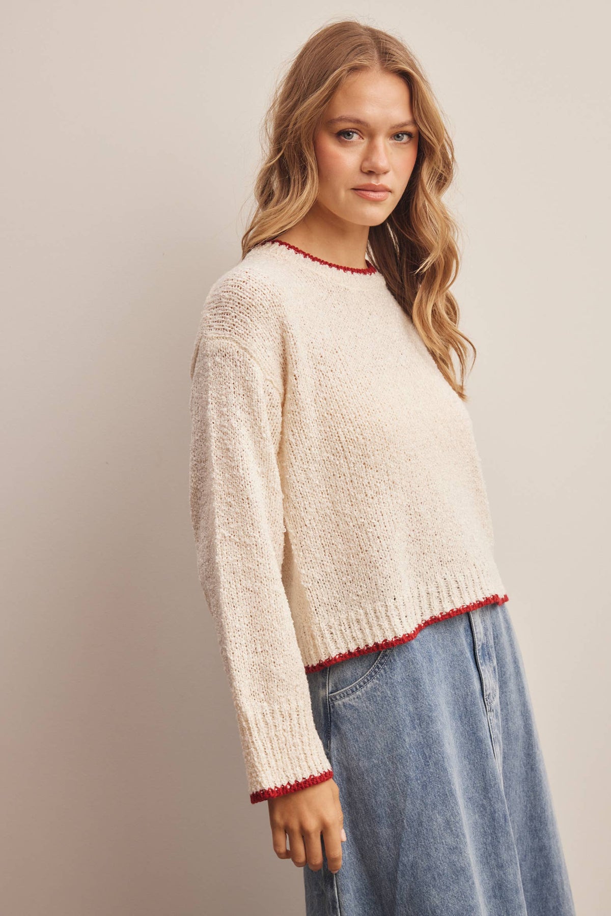 Contrast Trim Bouclé Sweater