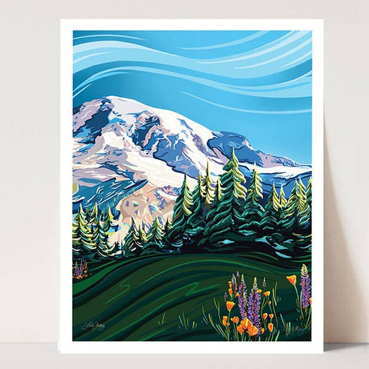 Mount Rainier & Wildflowers Art Print - National Park: 8x10