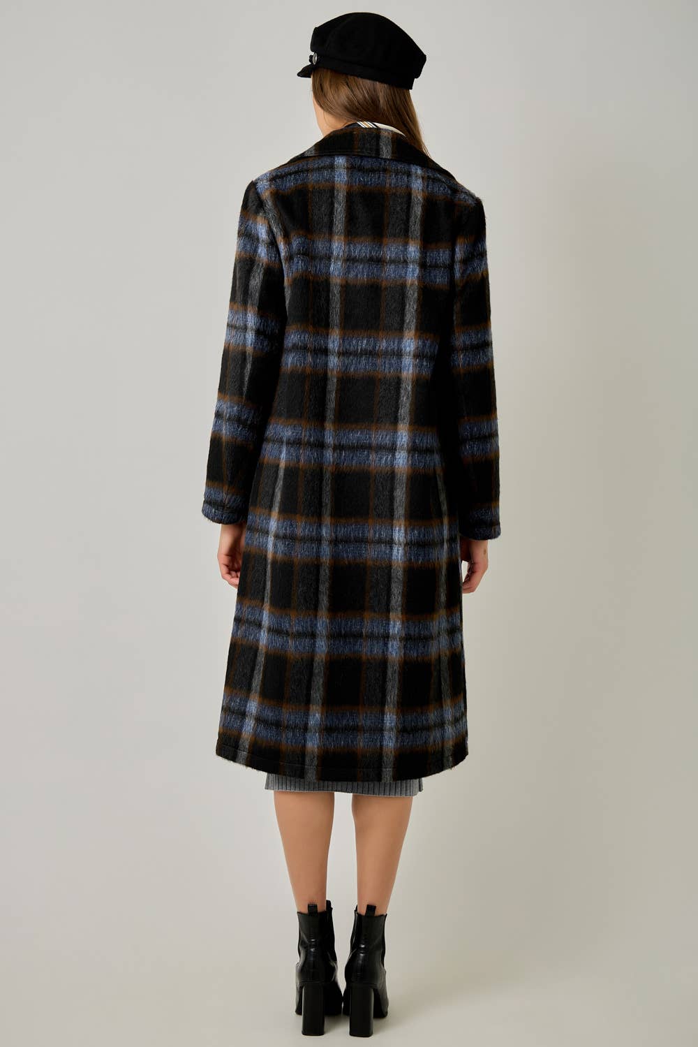 Brushed Plaid Long Coat