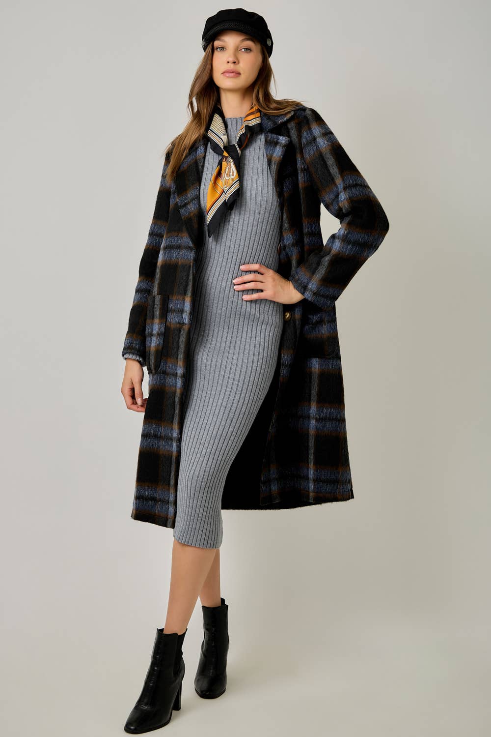 Brushed Plaid Long Coat