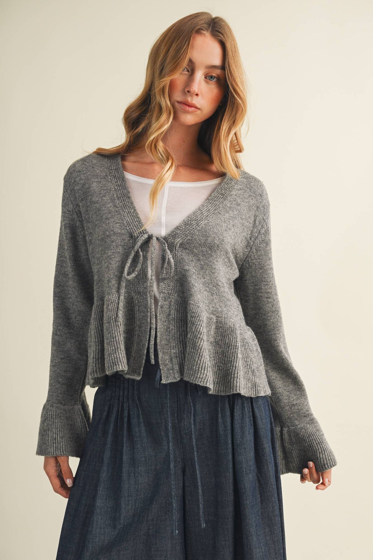 Tie-Front Peplum Bell Sleeve TOP