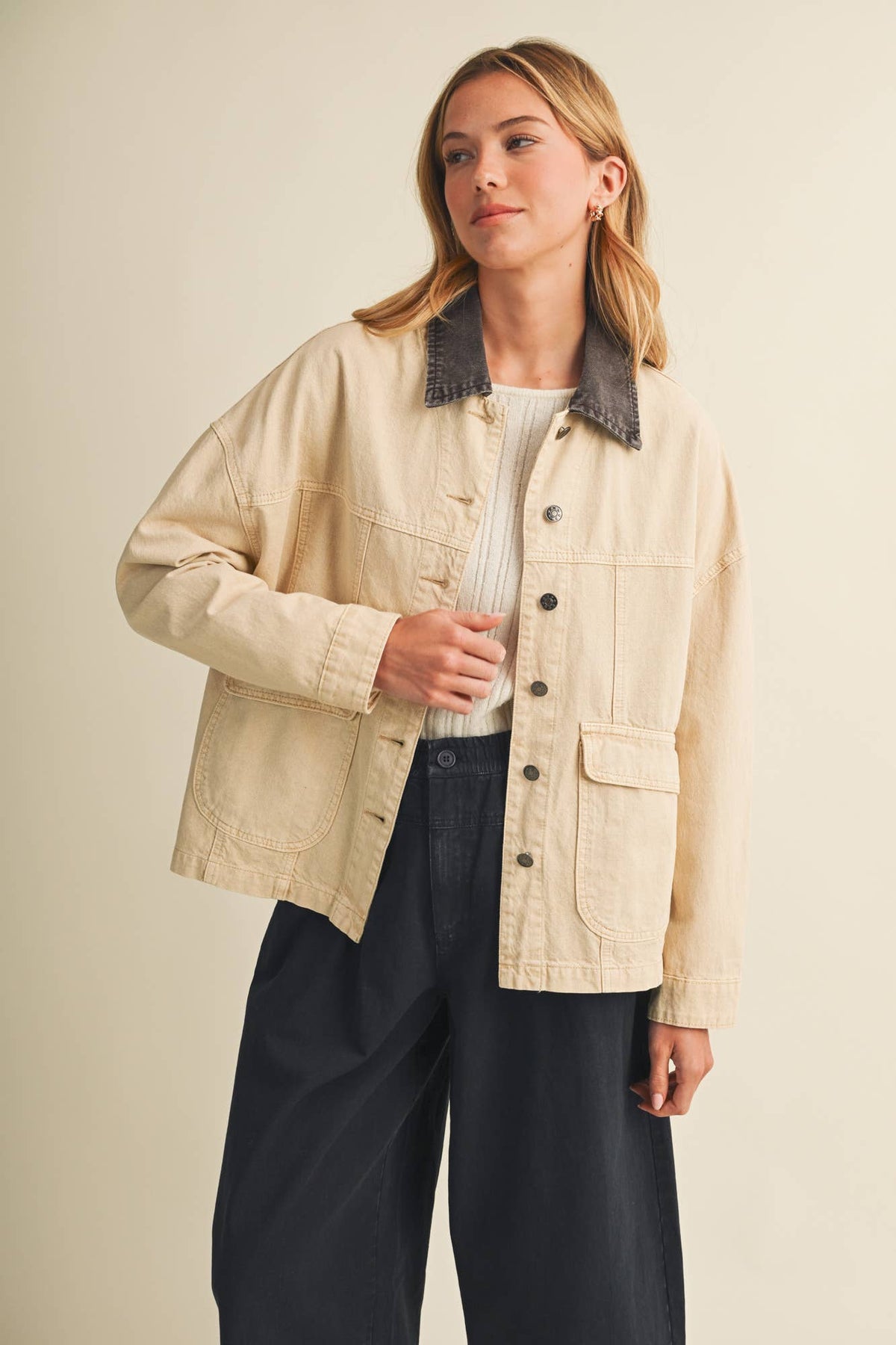Washed Denim Contrast Collar Jacket