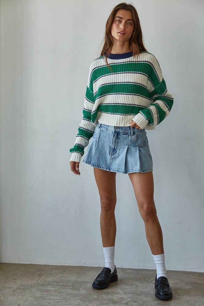 Knit Sweater Cotton Acrylic Striped Crew Pullover