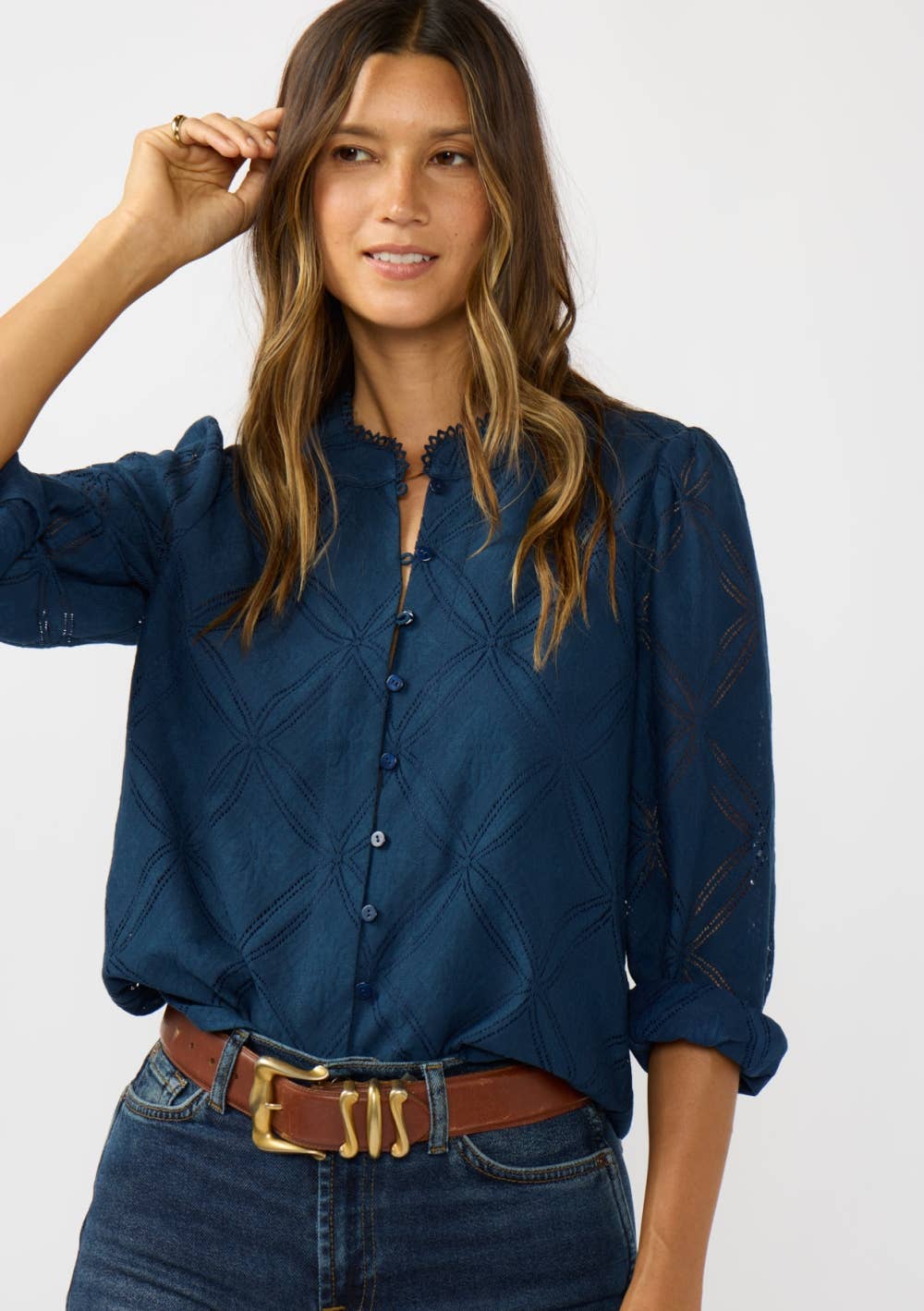 Lace Button Front Blouse with Trim