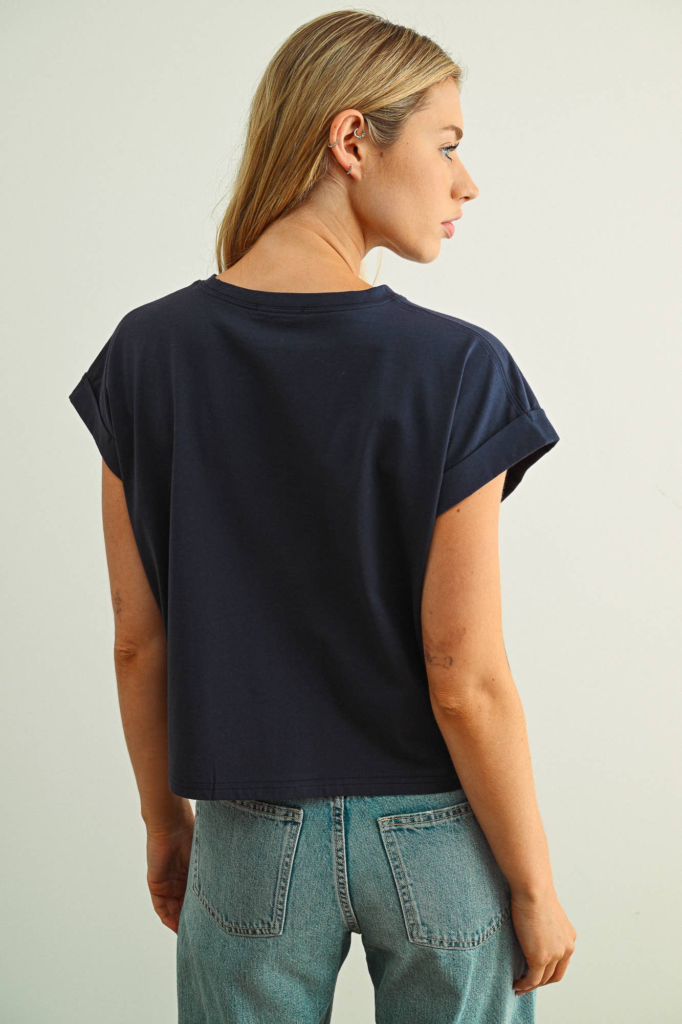 Round Neck Cuffed Sleeve Top
