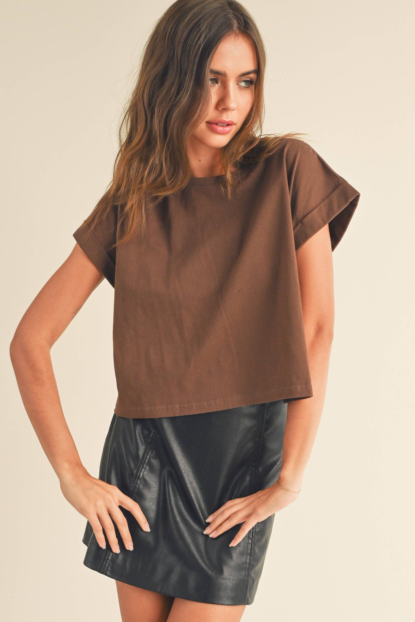 Round Neck Cuffed Sleeve Top