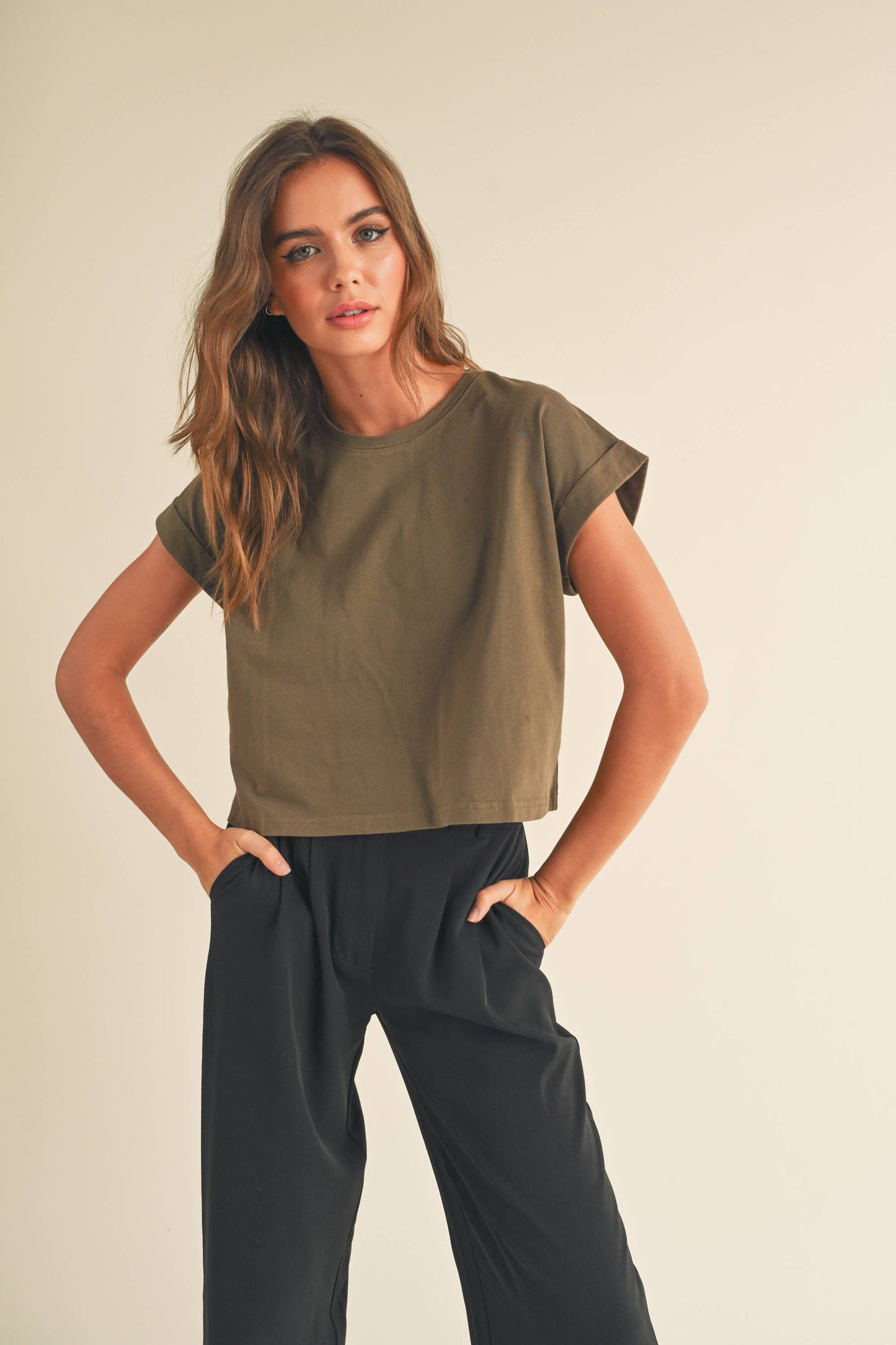 Round Neck Cuffed Sleeve Top