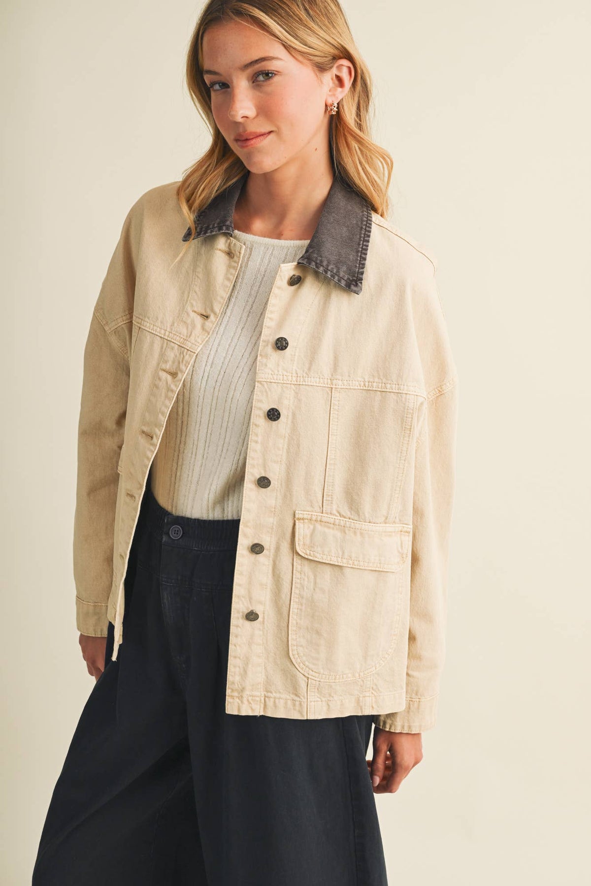 Washed Denim Contrast Collar Jacket