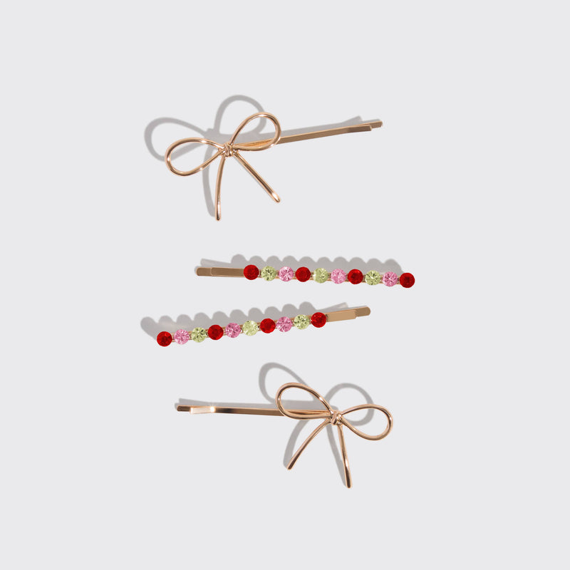 Lovely Gemstone and Bow Bobby Pins 4pc Set