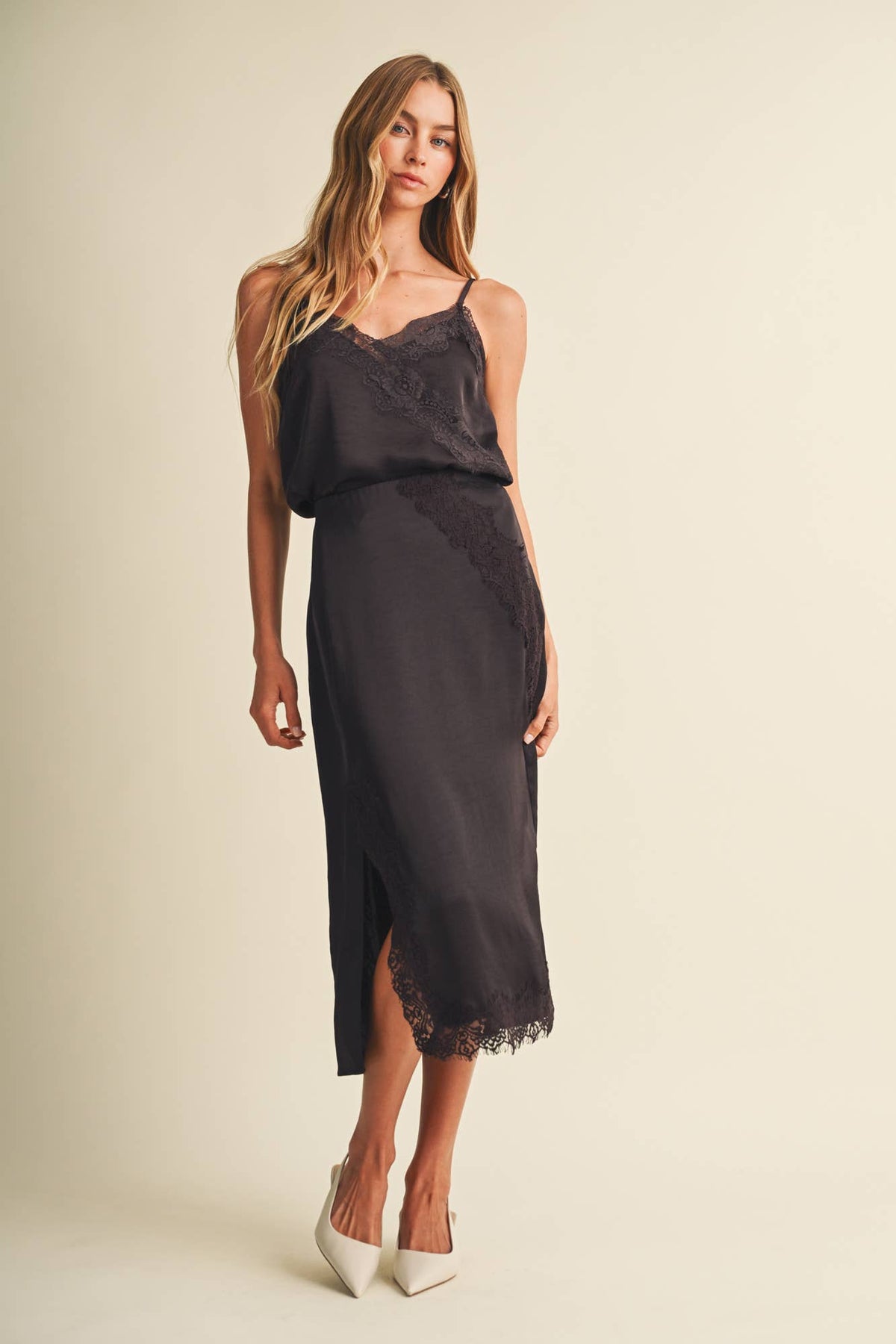 Lace Trim Satin Midi Skirt