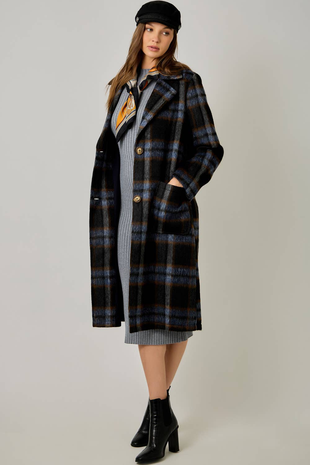 Brushed Plaid Long Coat