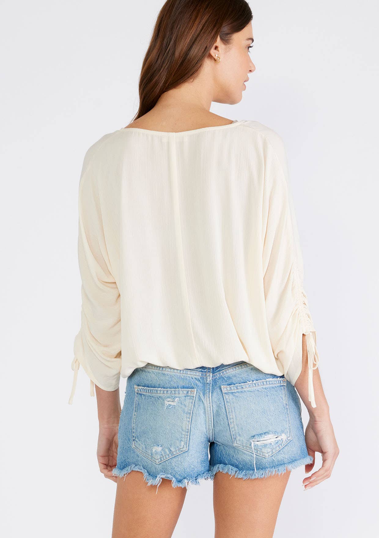 Ruched Dolman Sleeve Button Front Blouse