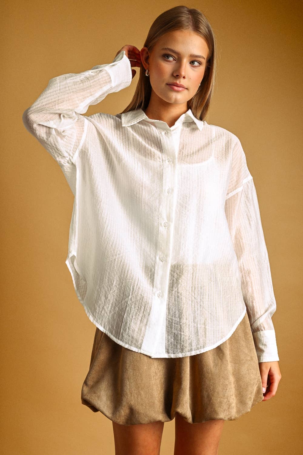 PIN STRIPED SHEER BUTTON FRONT SHIRT