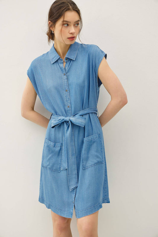 MINI DENIM LOOK TENCEL BUTTON UP DRESS WITH POCKETS