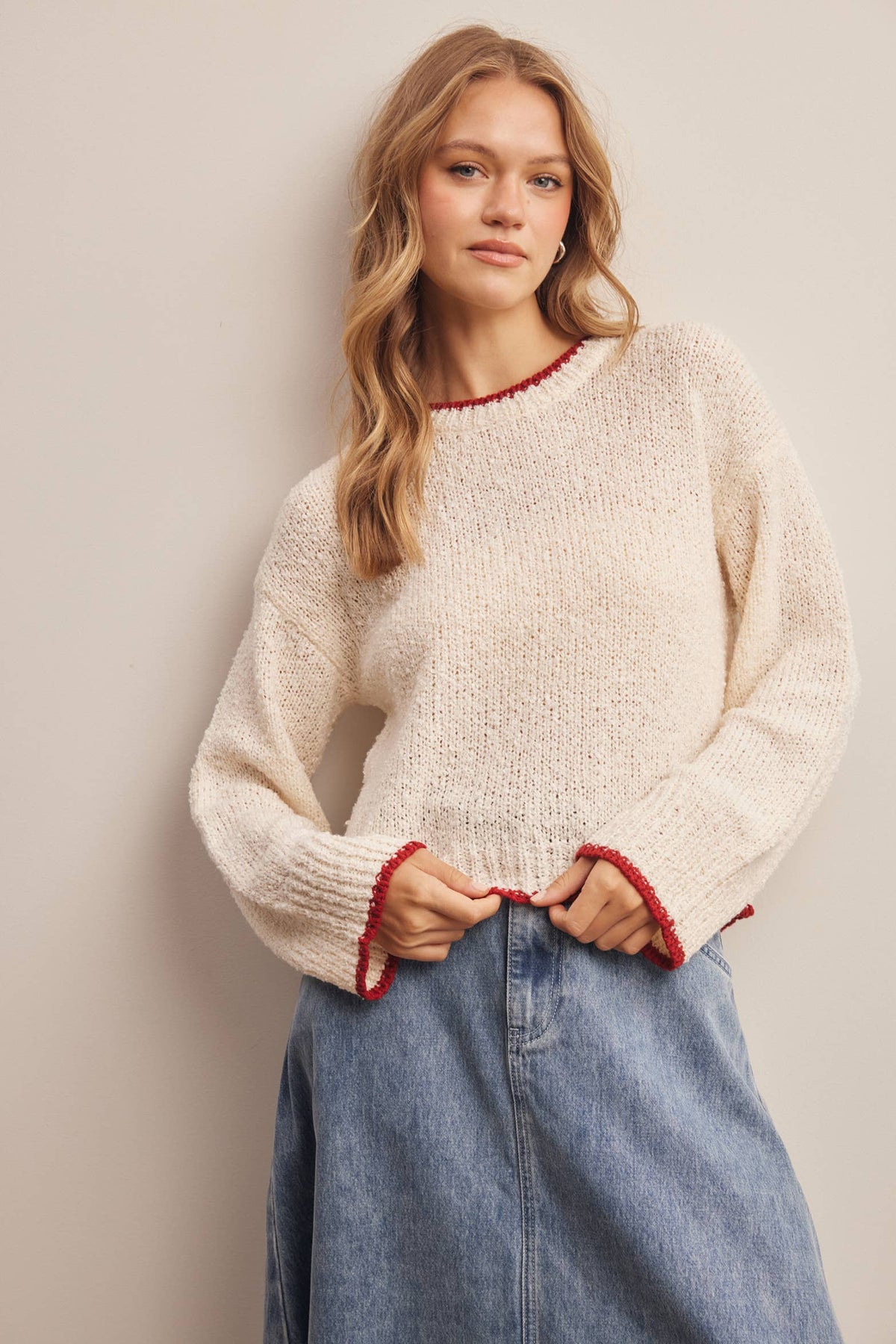 Contrast Trim Bouclé Sweater