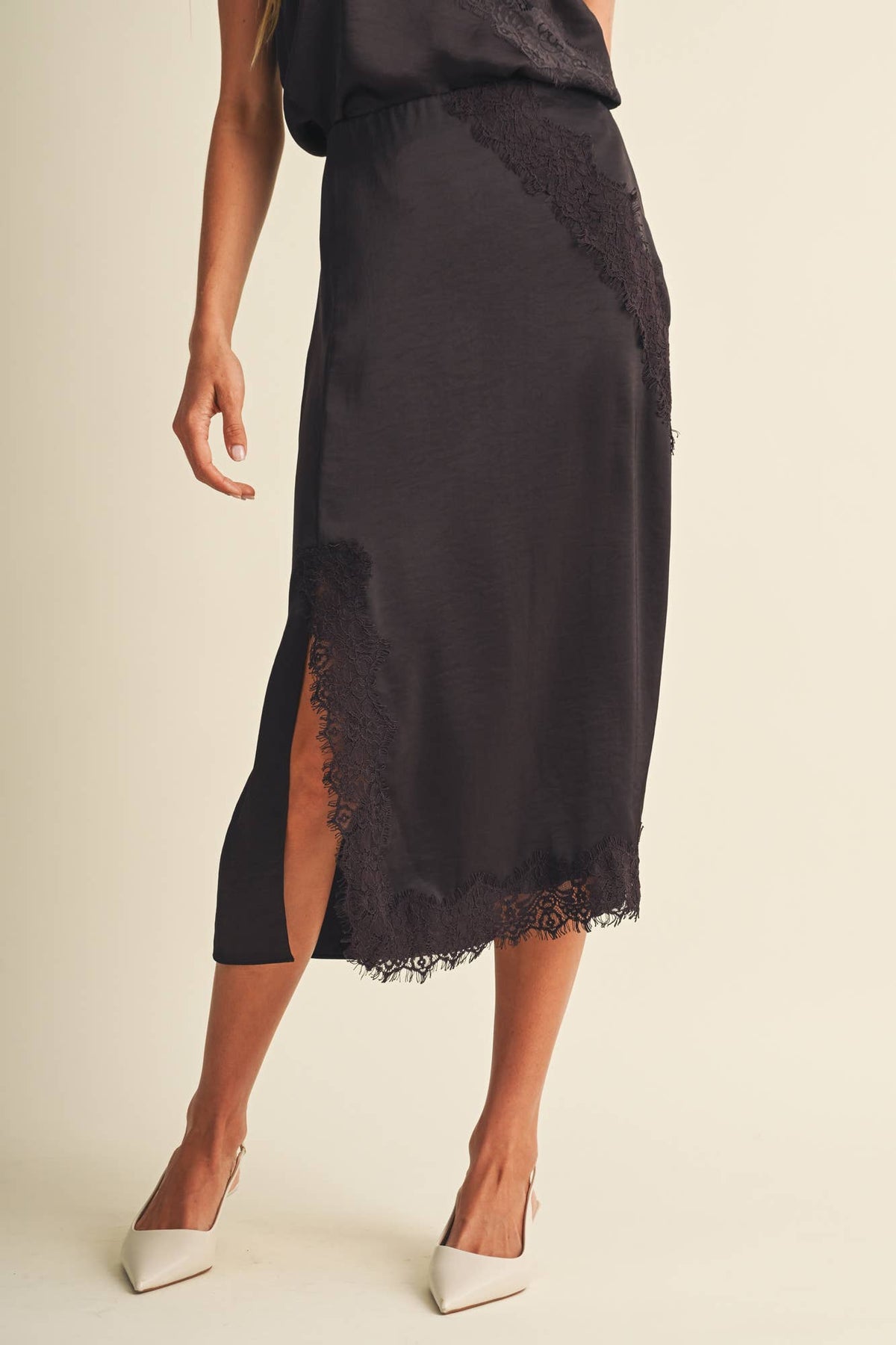 Lace Trim Satin Midi Skirt