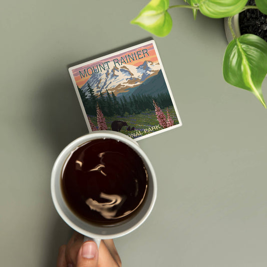 Mount Rainier National Park Bear Flowers Coaster