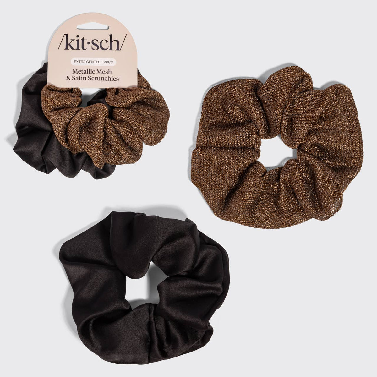 Two-piece metallic mesh and recycled satin scrunchie set in black and chocolate brown, perfect for everyday hairstyles.